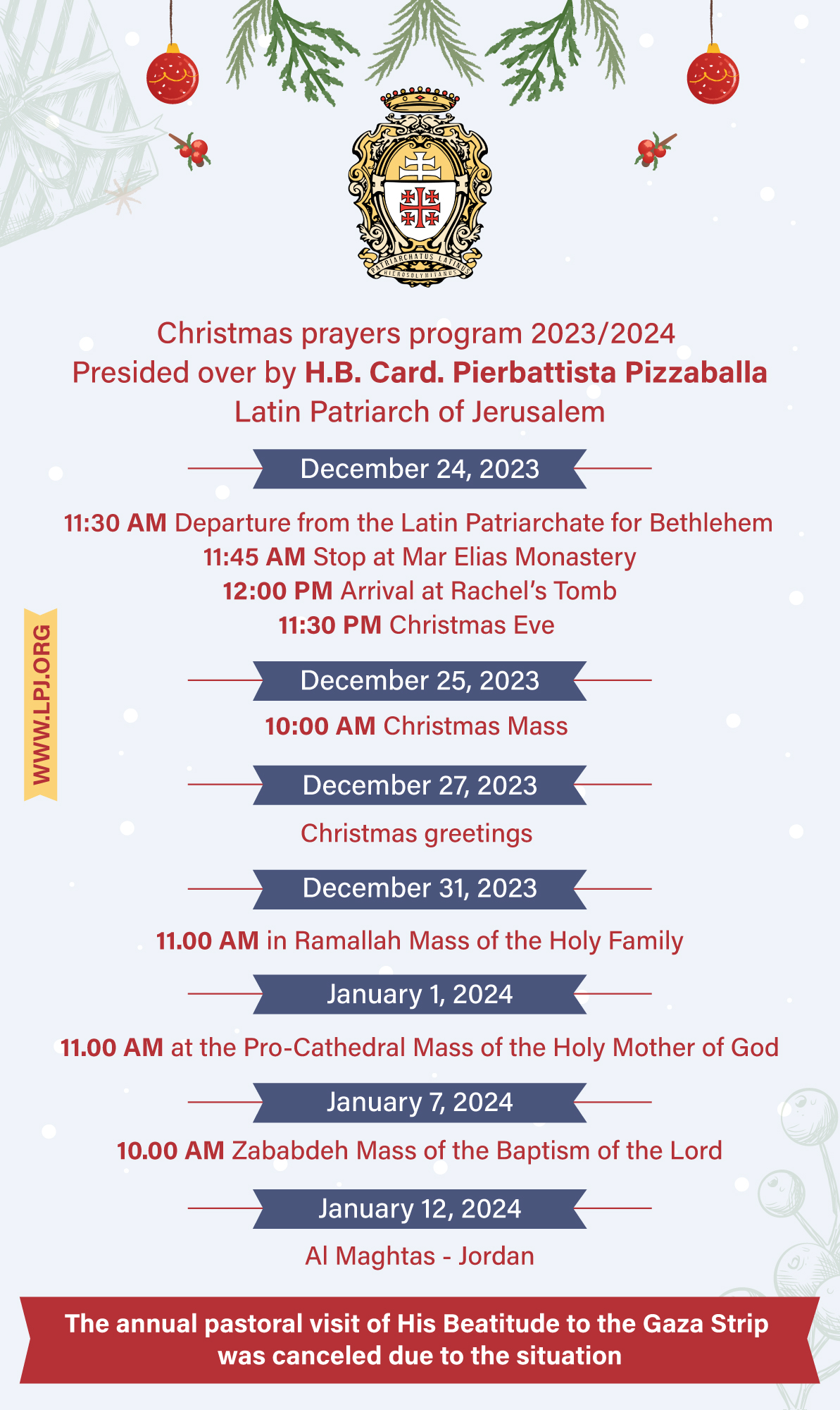 Latin Patriarchate of Jerusalem Christmas prayers program 2023/2024